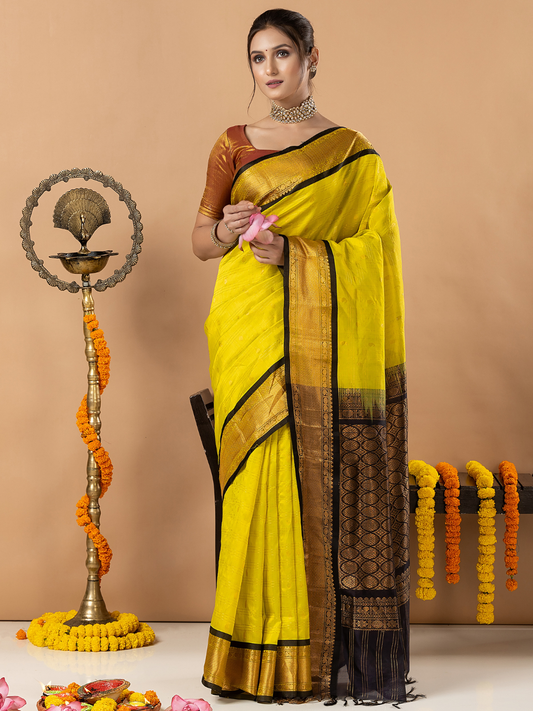 Handloom Korvai Silk Cotton Saree | Lime Yellow