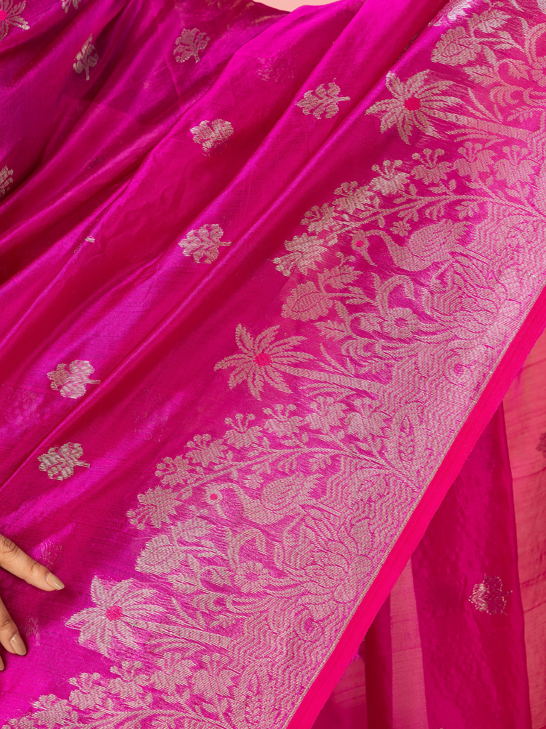 Handwoven Chanderi Silk Saree | Fuchsia And Silver