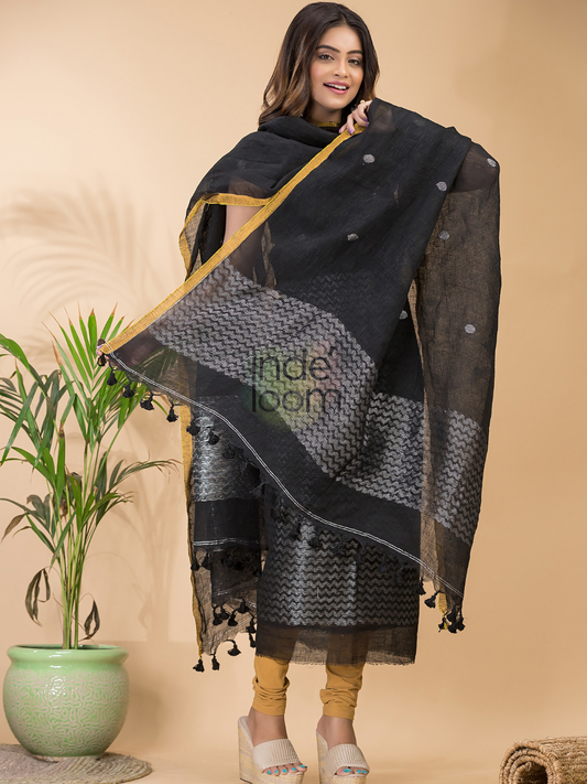Handwoven Jamdani Silk Cotton Unstitched 2-piece Kurti  |  Midnight Black