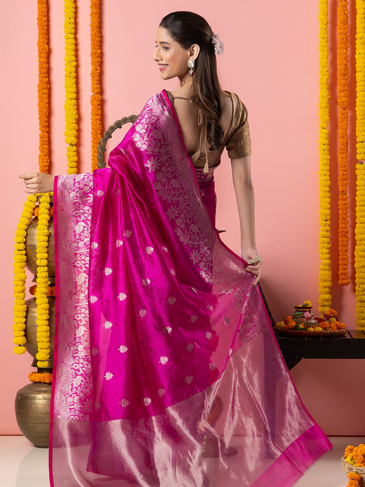 Handwoven Chanderi Silk Saree | Fuchsia And Silver
