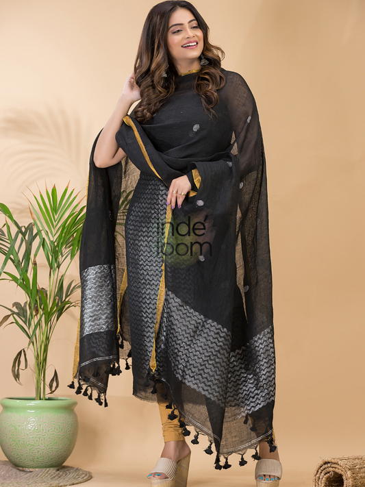Dark Black Linen X Linen 2-Piece Set Kurti & Dupatta (UNSTITCHED) -082