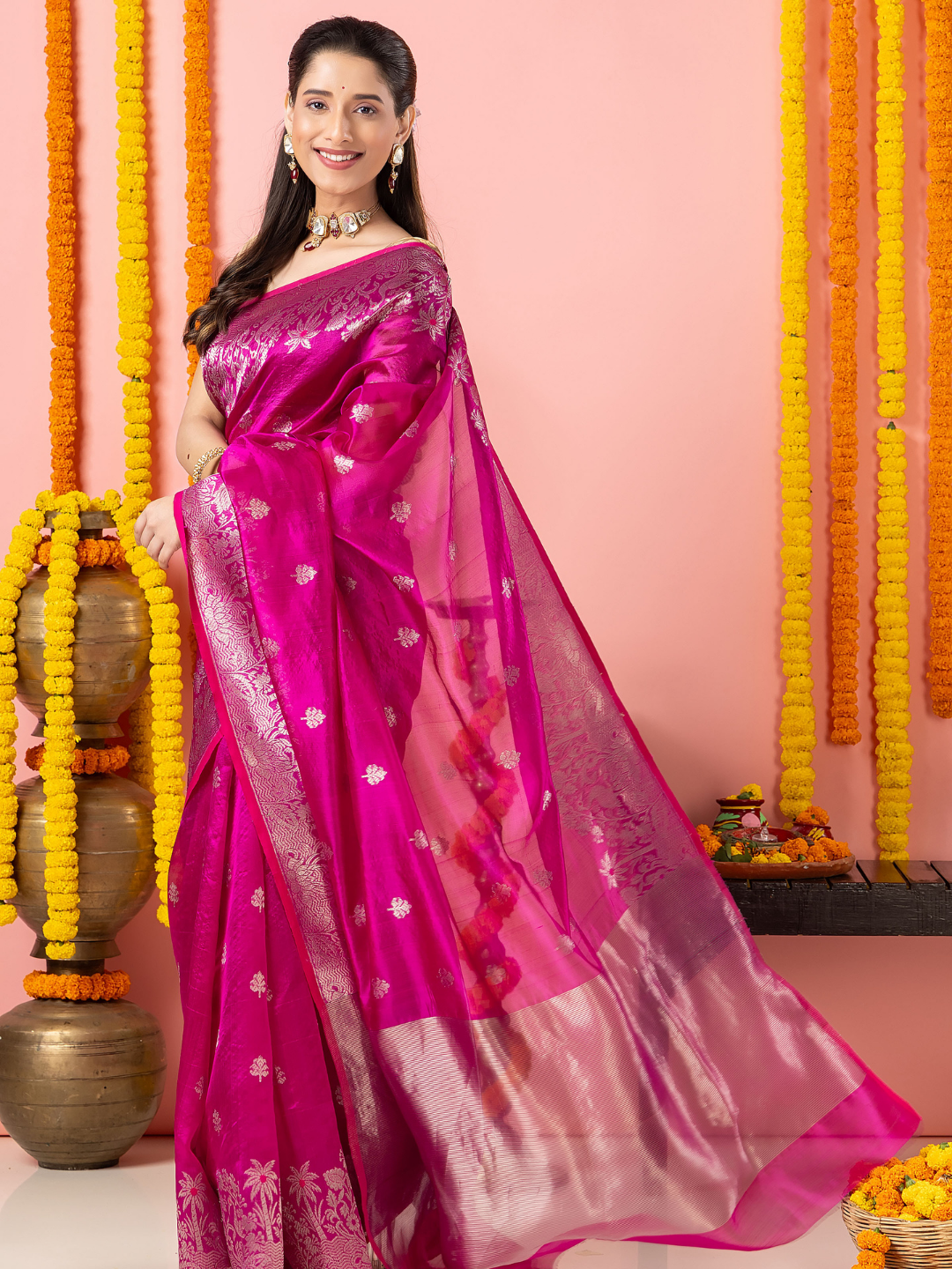 Handwoven Chanderi Silk Saree | Fuchsia And Silver