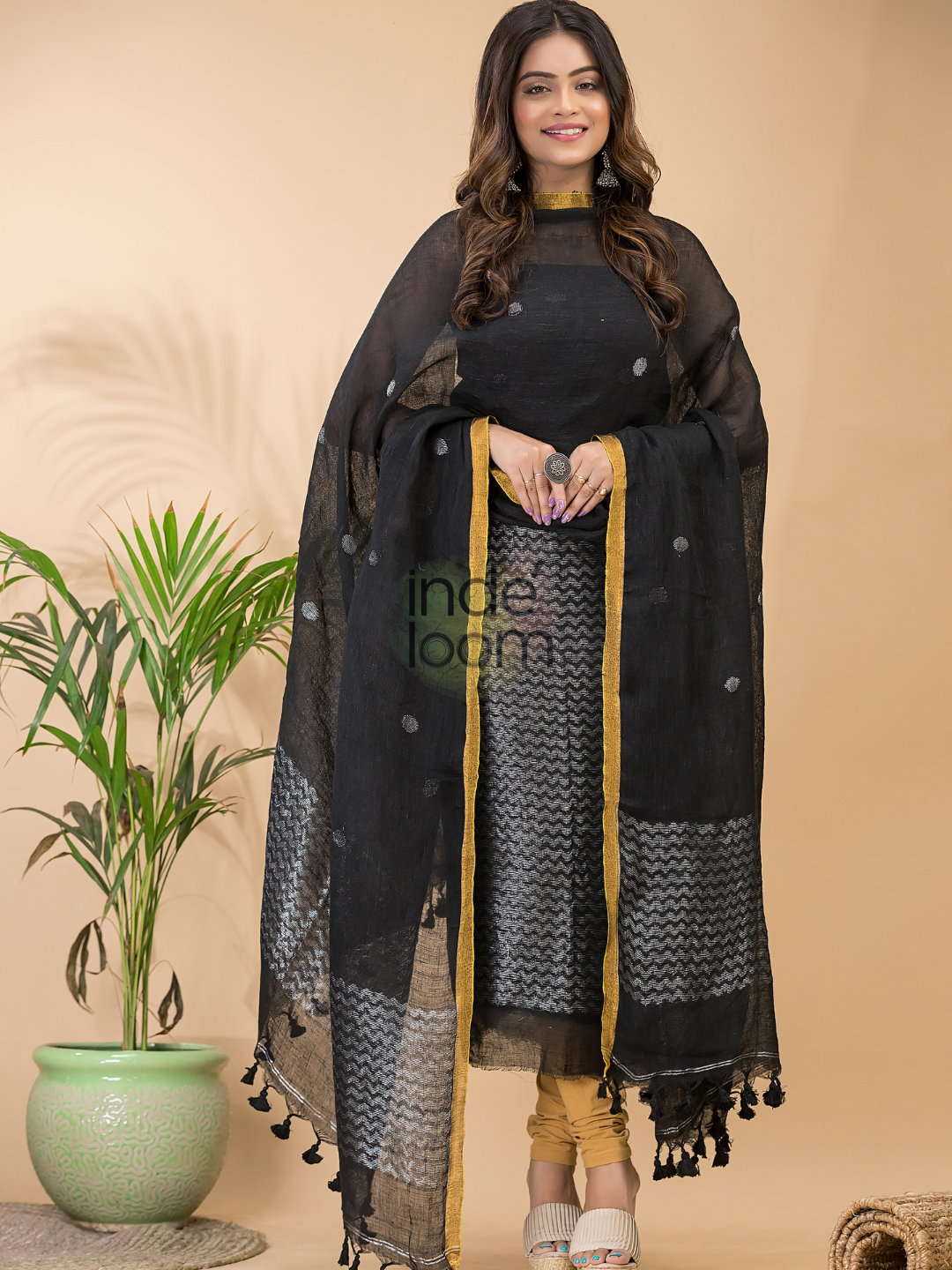 Dark Black Linen X Linen 2-Piece Set Kurti & Dupatta (UNSTITCHED) -082