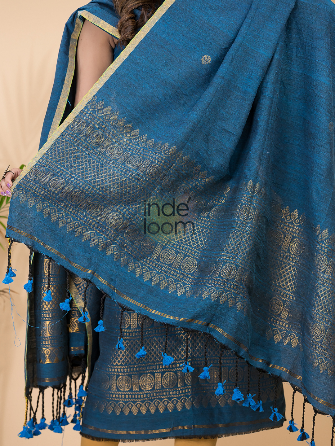 Classic Blue Organic Linen 2-Piece Set Kurti & Dupatta (UNSTITCHED) -084