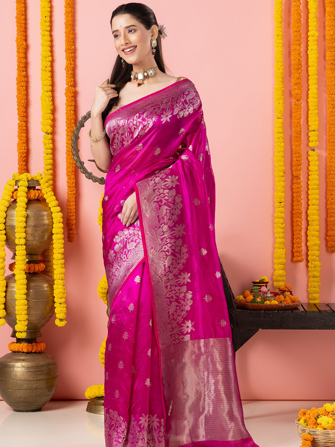 Handwoven Chanderi Silk Saree | Fuchsia And Silver