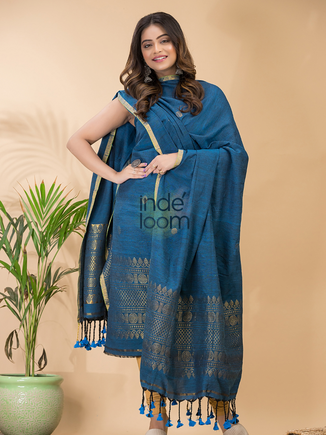 Classic Blue Organic Linen 2-Piece Set Kurti & Dupatta (UNSTITCHED) -084