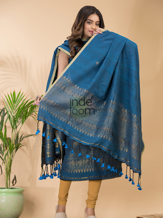 Handwoven Jamdani Linen Unstitched 2-piece Kurti  |  Steel Blue