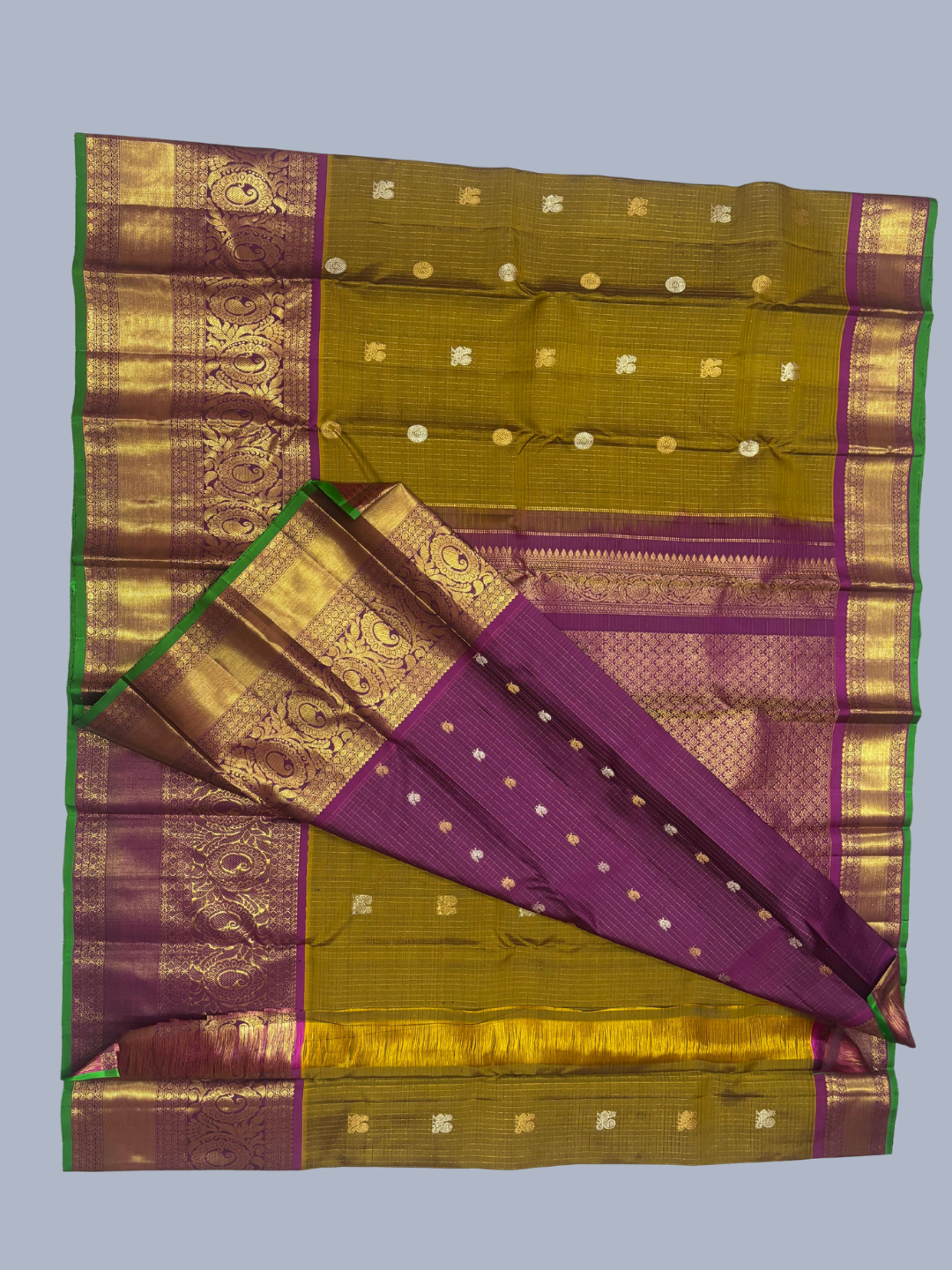 Pure Handwoven Gadwal Silk Saree With Olive Green -031