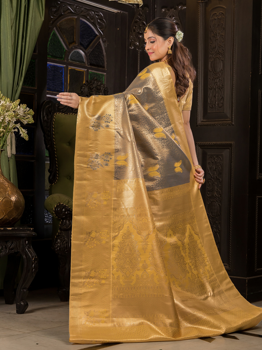 Tamra Vastra - Lava Rock Black silk with golden checks and shrine motifs