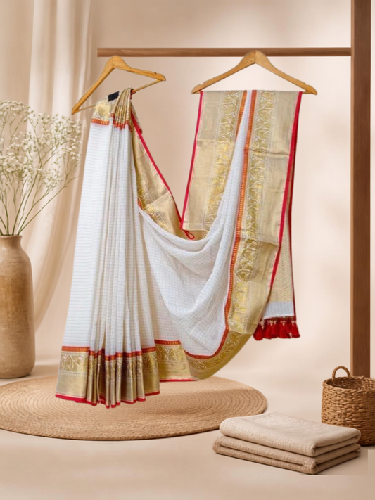 Pure Handloom Mul Cotton Saree | Powder White