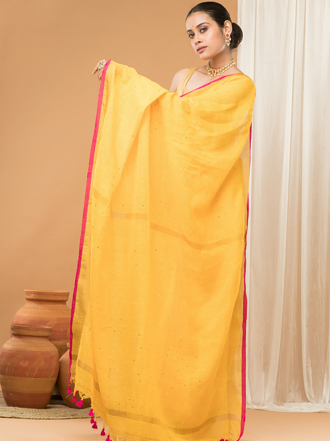 Linen Sequin Jamdani Saree With Mango Yellow - 001