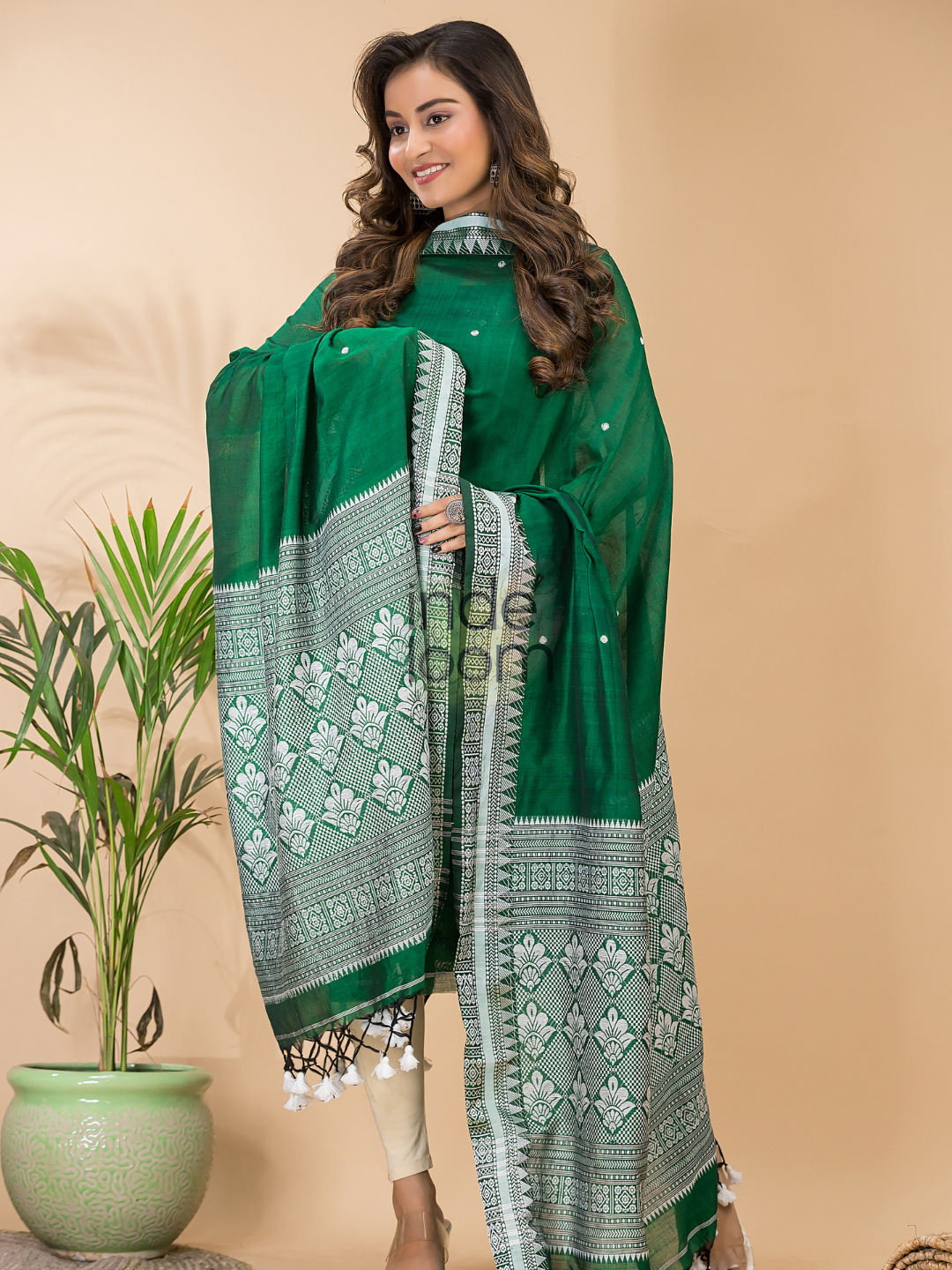Dark Green Muslin Cotton X Baluchari 2-Piece Set Kurti & Dupatta (UNSTITCHED) - 069