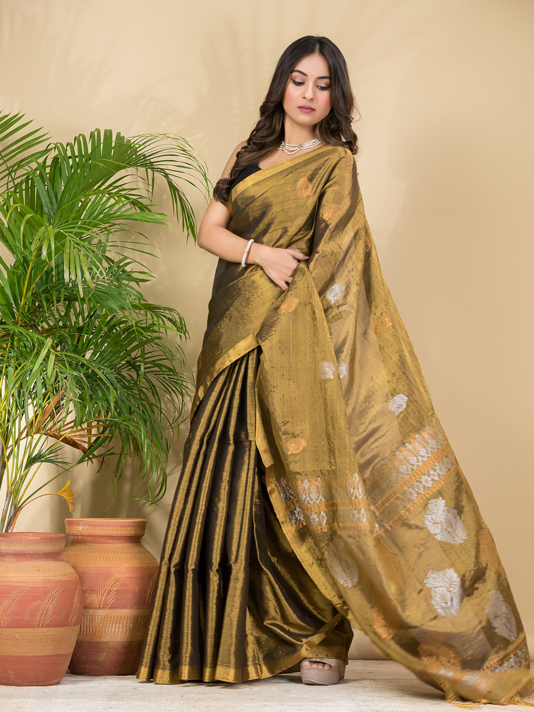 Tissue Silk Saree With Golden Brown - 029