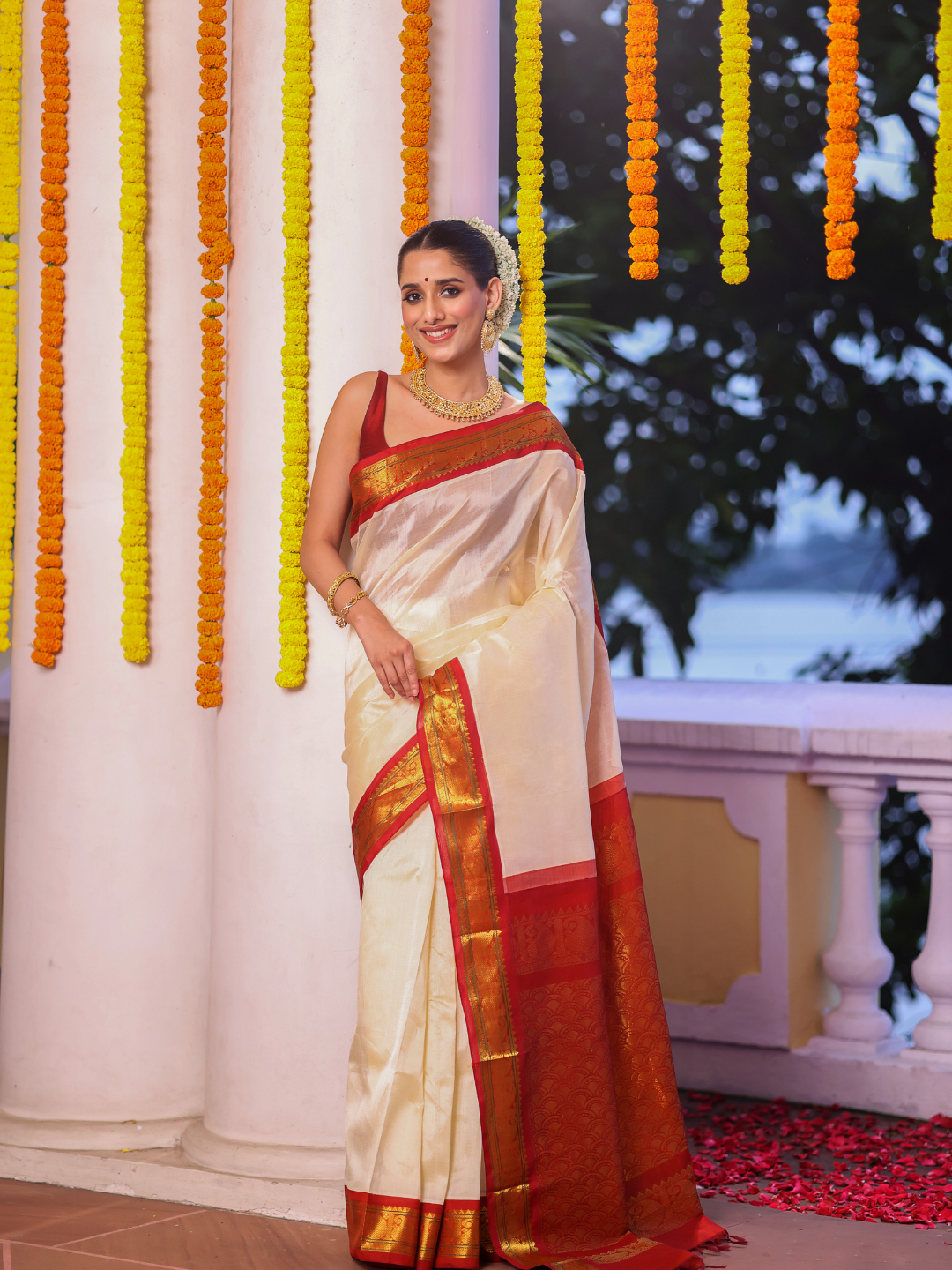 Pure Handloom Korvai Saree | Cream White and Red