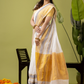 Pure Handloom Linen Saree | Pearl White  and White  | Half and Half style with Contrast Border