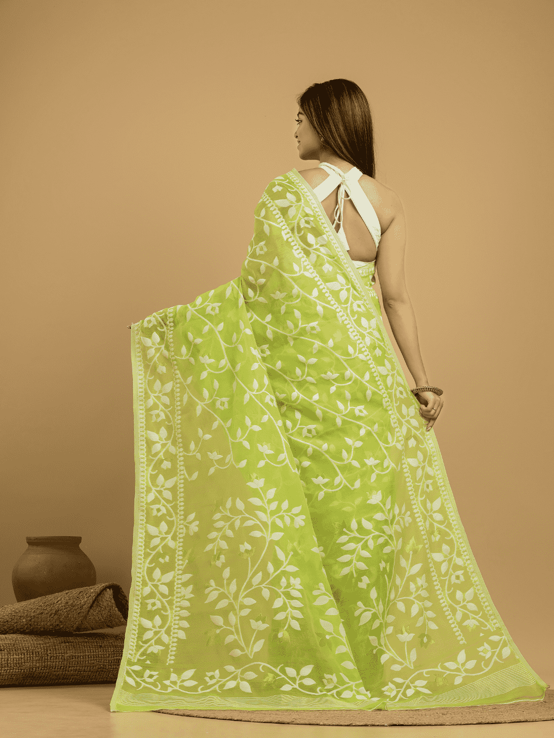 Cotton Silk Jamdani Saree With Pear green - 007