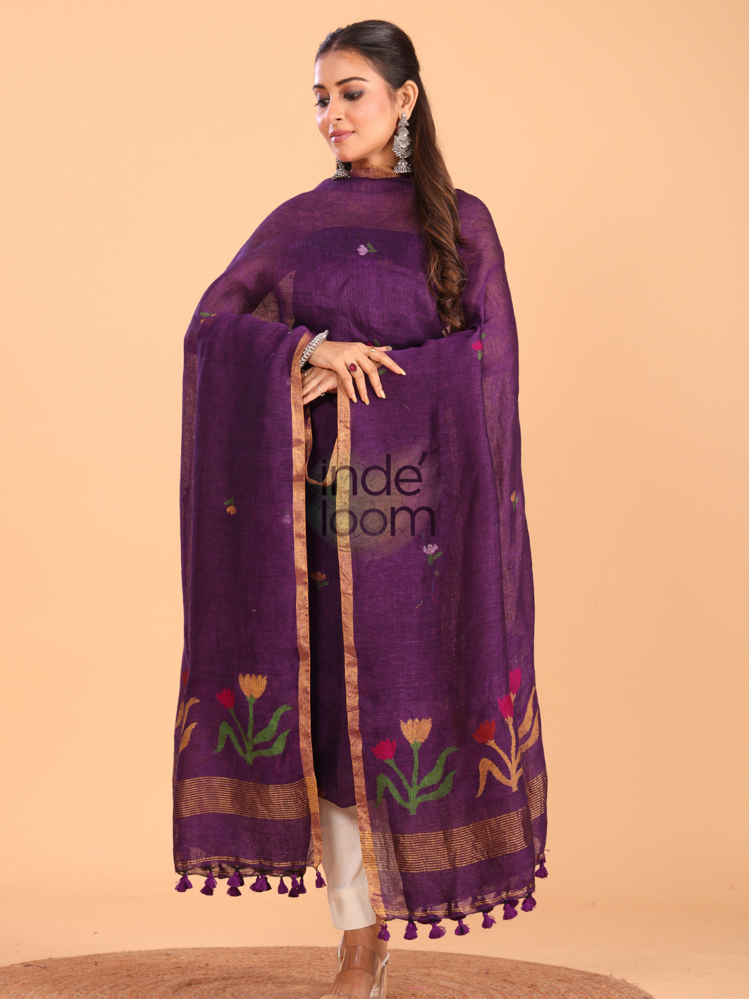 Grape Purple Linen Jamdani 2-Piece Set Kurti & Dupatta (UNSTITCHED) - 077