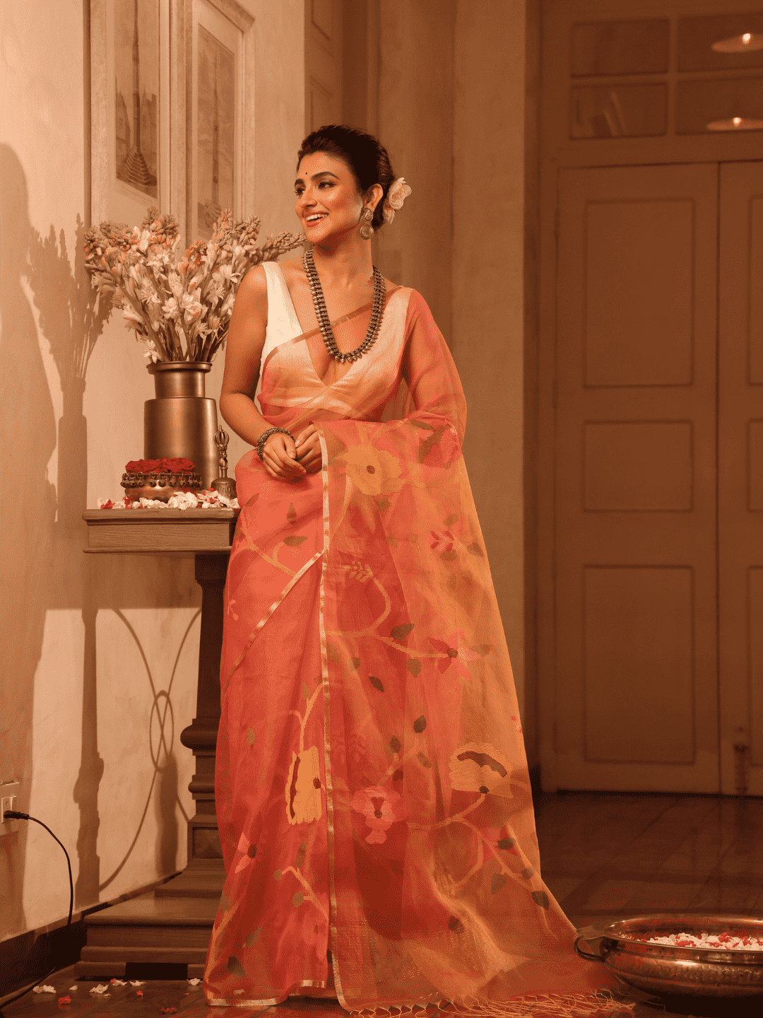 Neon Orange Hand Made Jamdani Saree -099