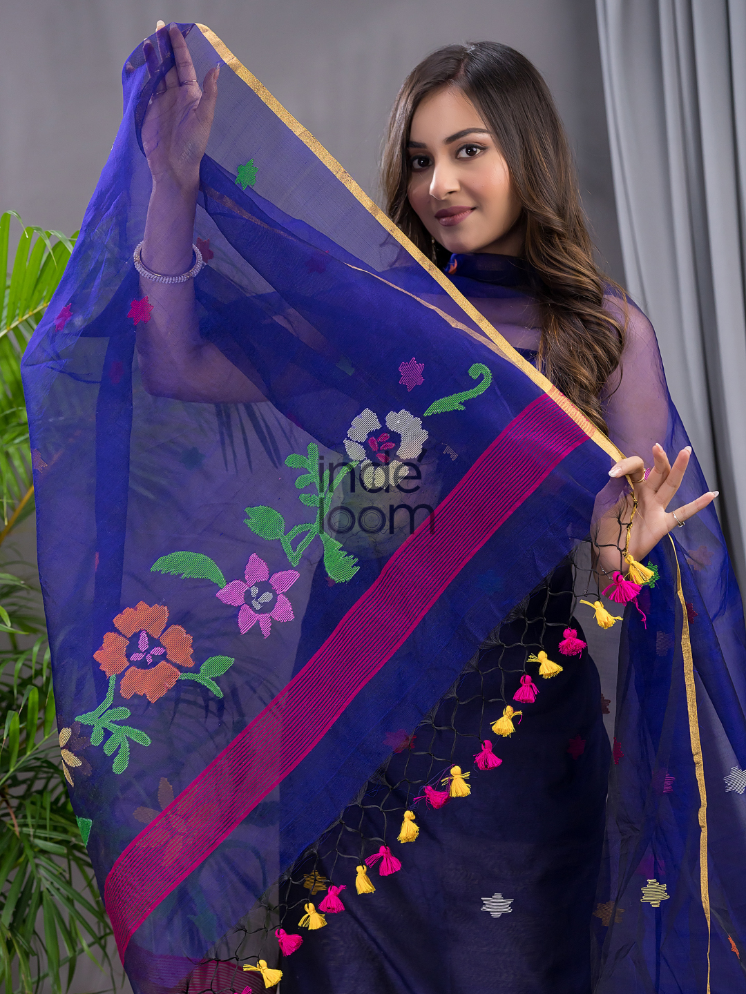 Indigo Blue Cotton Silk Jamdani 2-Piece Set Kurti & Dupatta (UNSTITCHED) - 108
