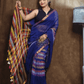 Handloom Linen Checks Saree with Blue and Multicolor Stripes Pallu-014 - indeloom