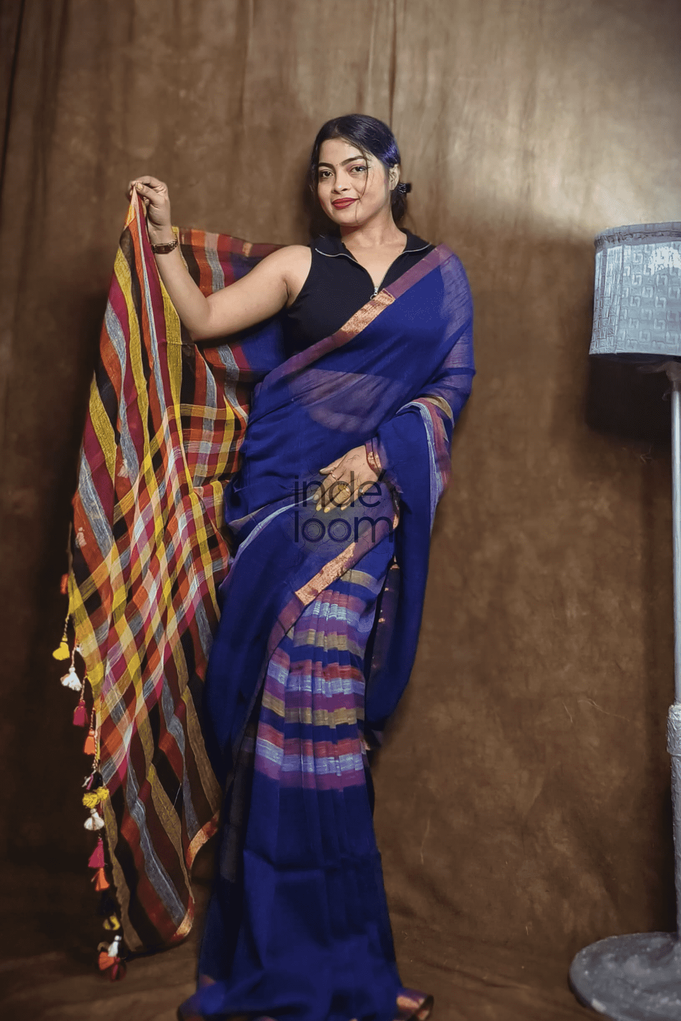 Handloom Linen Checks Saree with Blue and Multicolor Stripes Pallu-014 - indeloom
