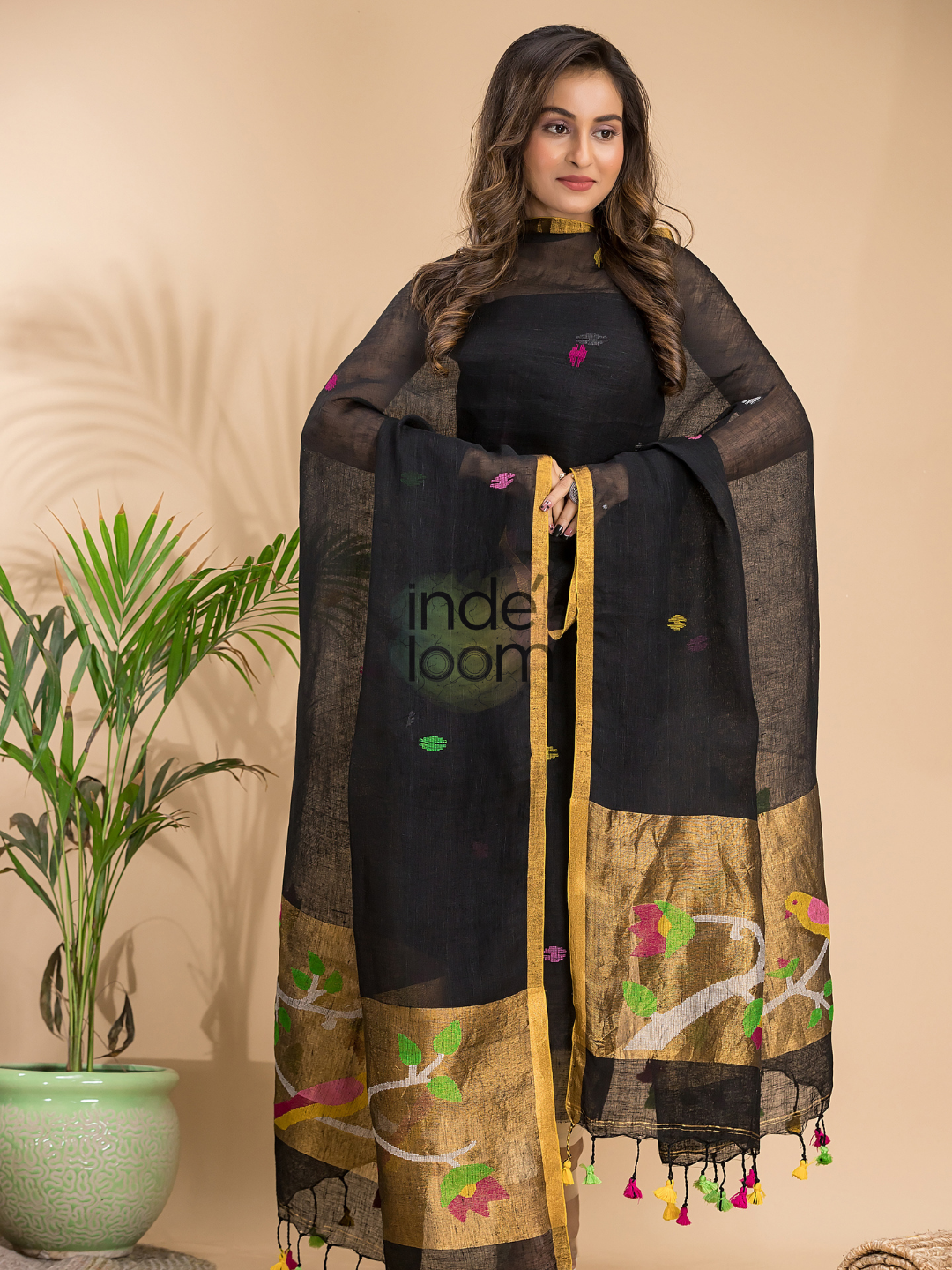Royal Black Linen X Linen 2-Piece Set Kurti & Dupatta (UNSTITCHED) - 008
