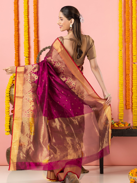 Handwoven Chanderi Silk Saree | Deep Wine