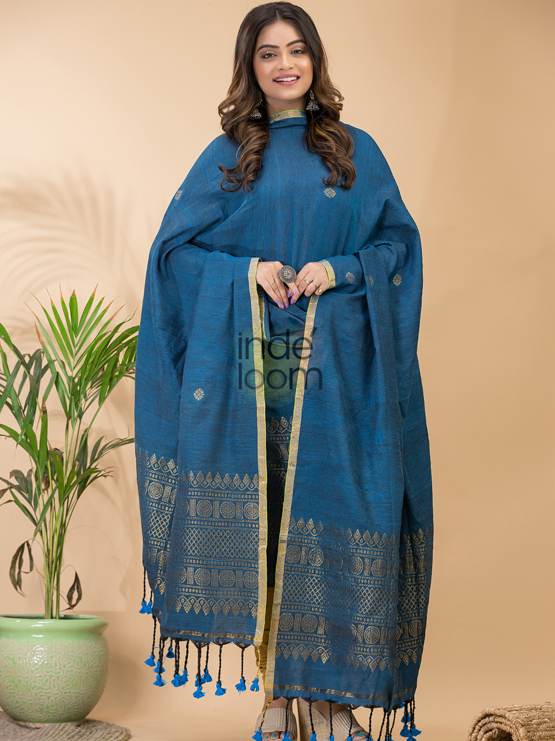 Classic Blue Organic Linen 2-Piece Set Kurti & Dupatta (UNSTITCHED) -084