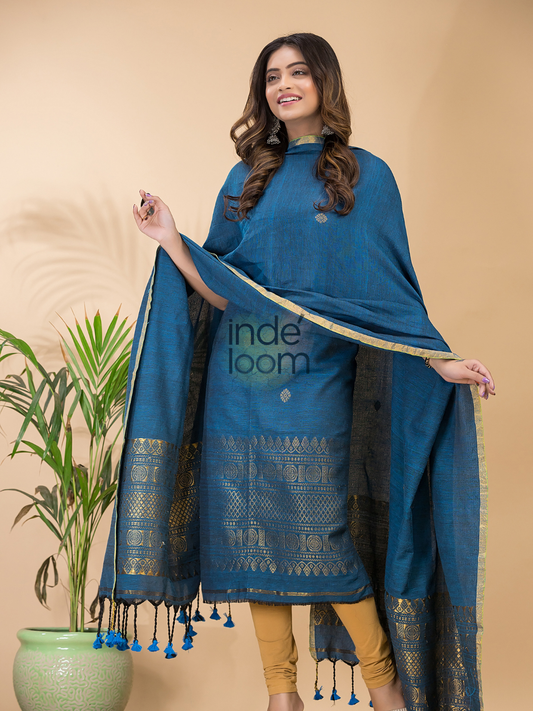 Classic Blue Organic Linen 2-Piece Set Kurti & Dupatta (UNSTITCHED) -084