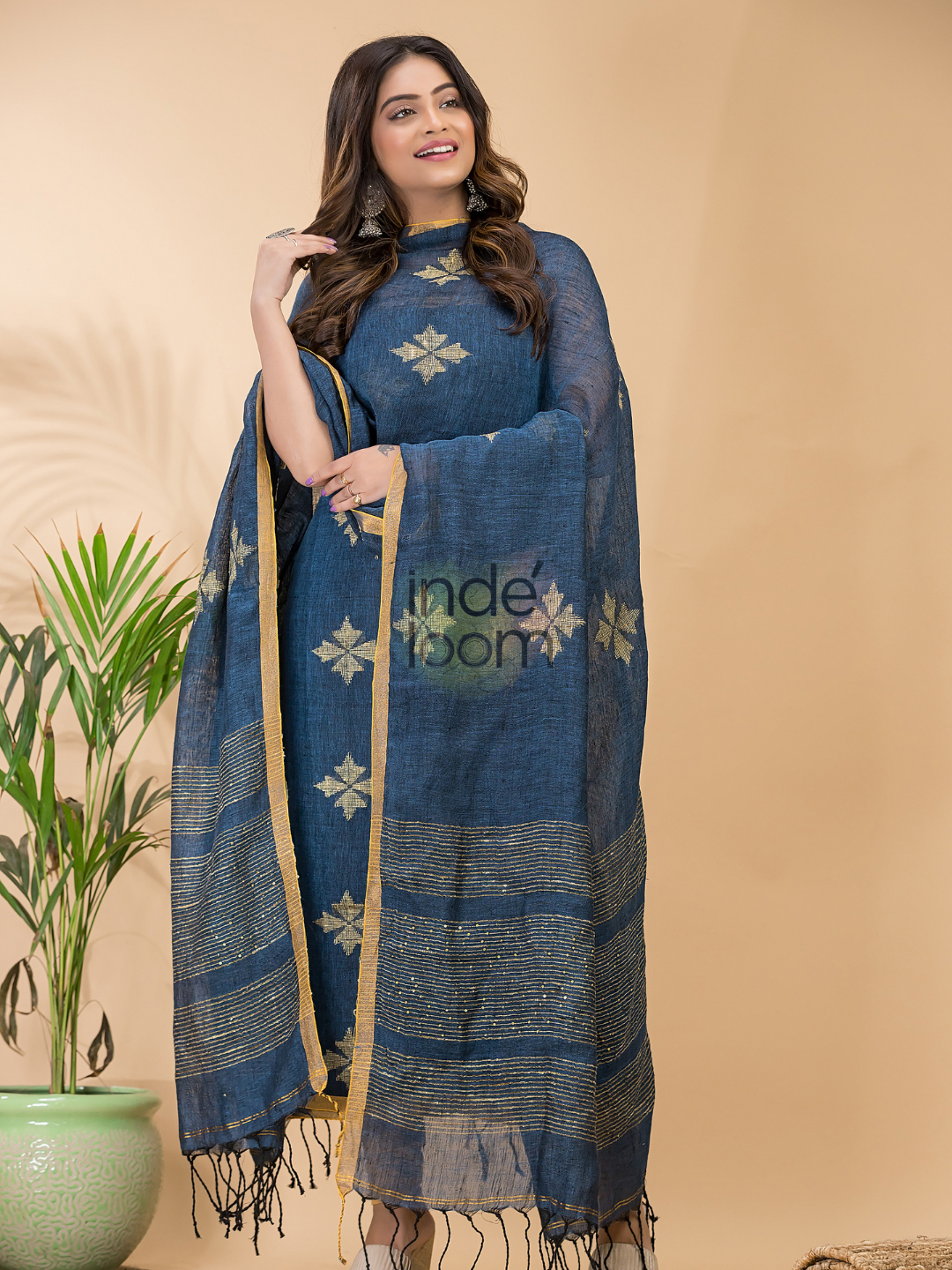 Classic Blue Linen X Linen 2 -Piece Set Kurti & Dupatta (UNSTITCHED) -086