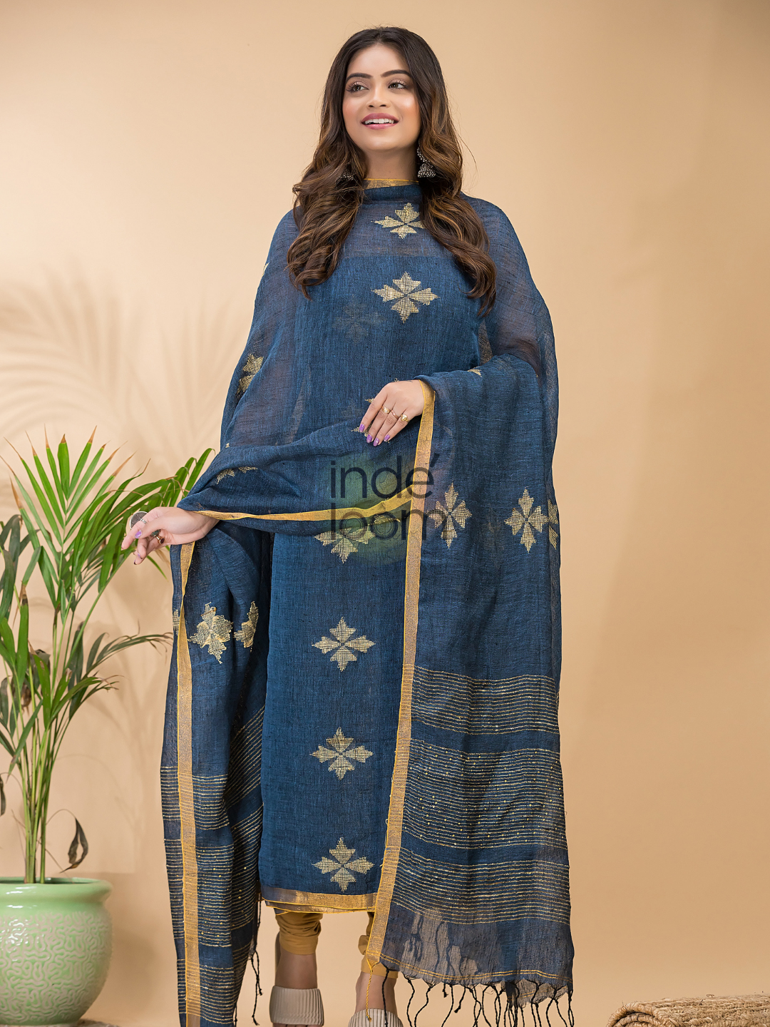 Classic Blue Linen X Linen 2 -Piece Set Kurti & Dupatta (UNSTITCHED) -086