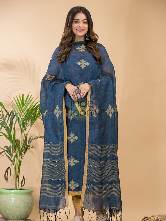 Classic Blue Linen X Linen 2 -Piece Set Kurti & Dupatta (UNSTITCHED) -086