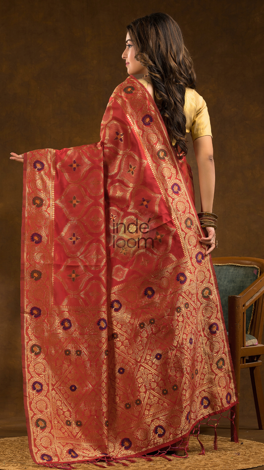Ethnic woven design Silk blend Jacquard Saree | Ruby Red