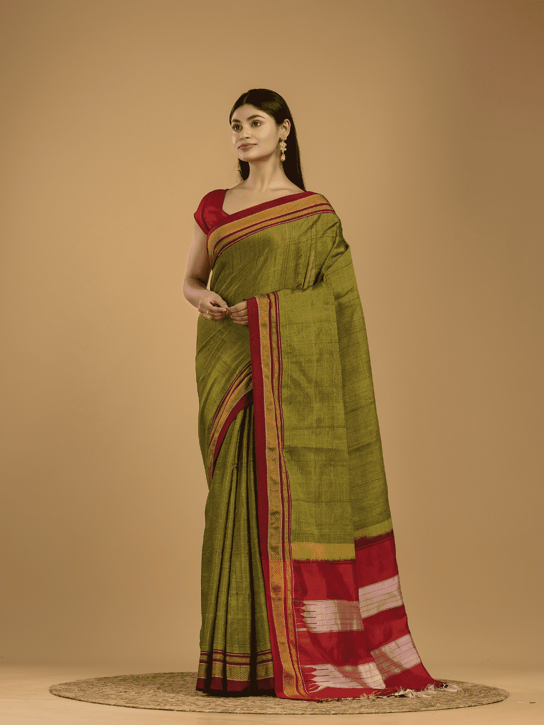 Pure Ilkal Saree With Olive Greenand Red Border - 048