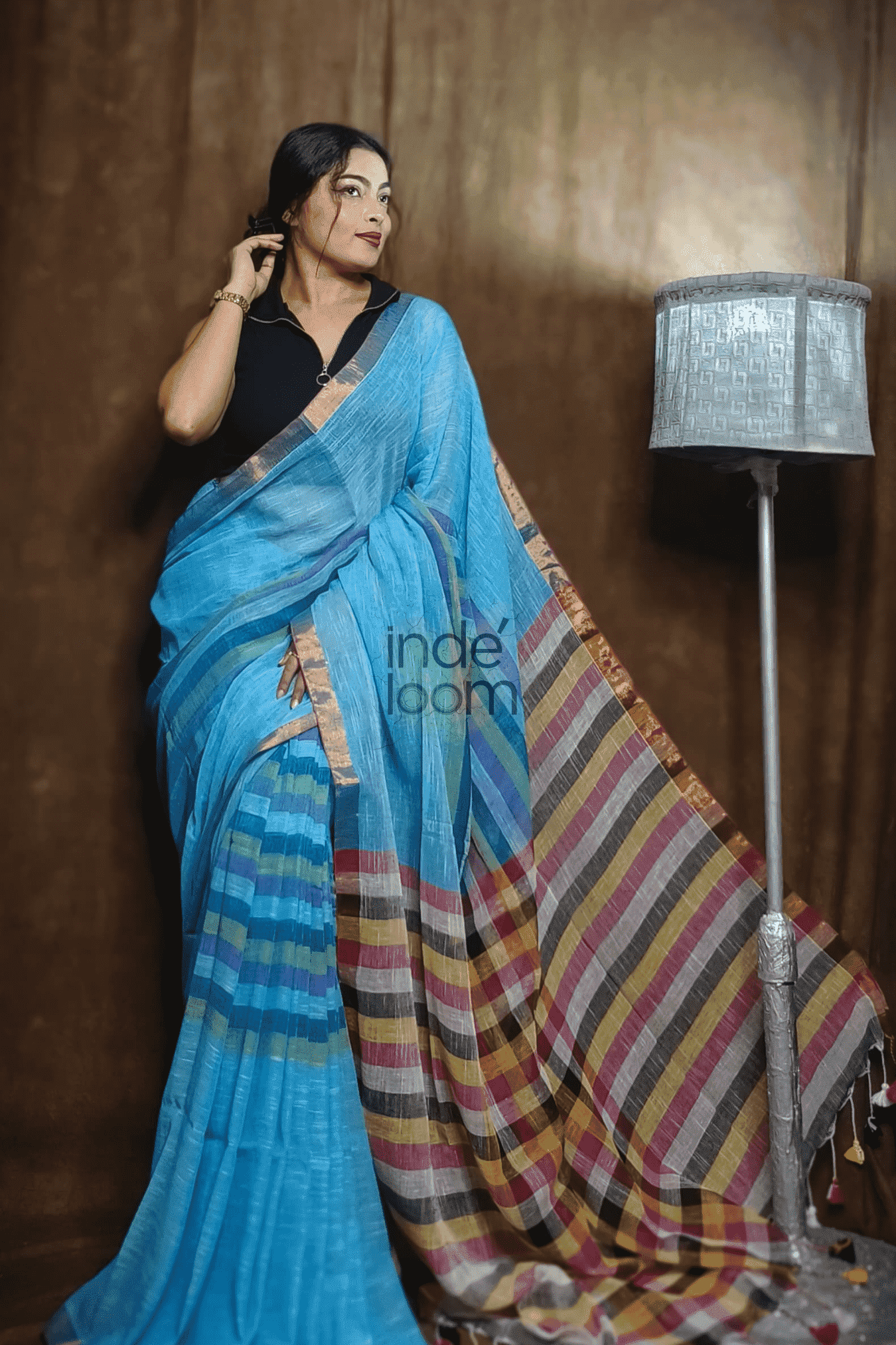 Handloom Linen Checks Saree with Indigo Blue-013 - indeloom