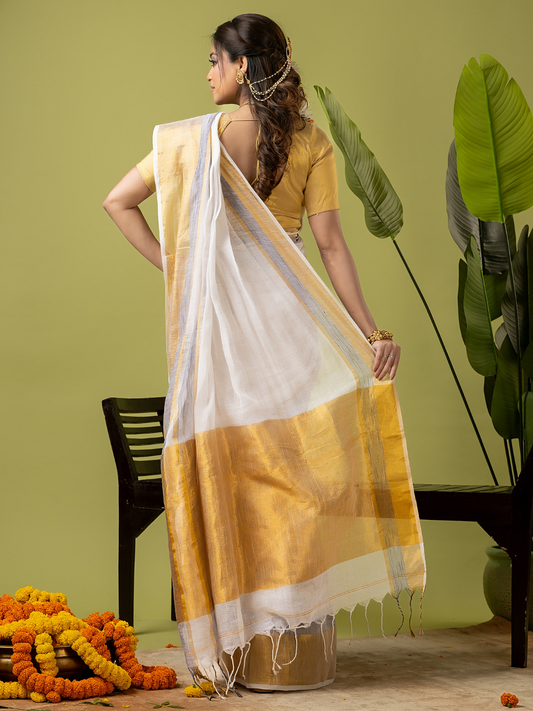 Pure Handloom Linen Saree | Pearl White and White | Half and Half style with Contrast Border