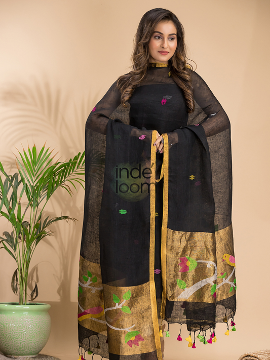 Handwoven Jamdani Linen Unstitched 2-piece Kurti  |  Midnight Black