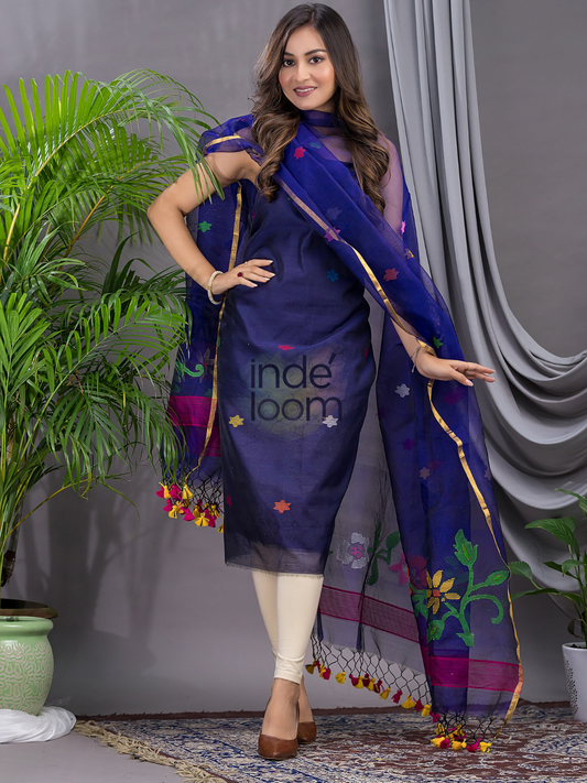 Indigo Blue Cotton Silk Jamdani 2-Piece Set Kurti & Dupatta (UNSTITCHED) - 108