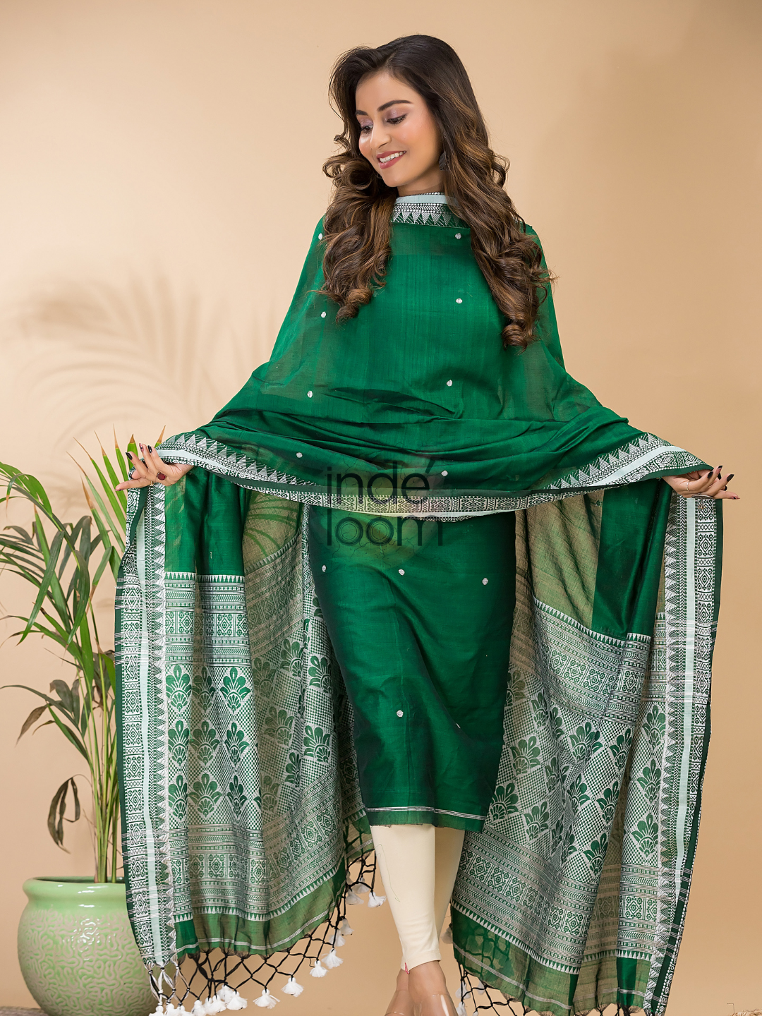 Dark Green Muslin Cotton X Baluchari 2-Piece Set Kurti & Dupatta (UNSTITCHED) - 069