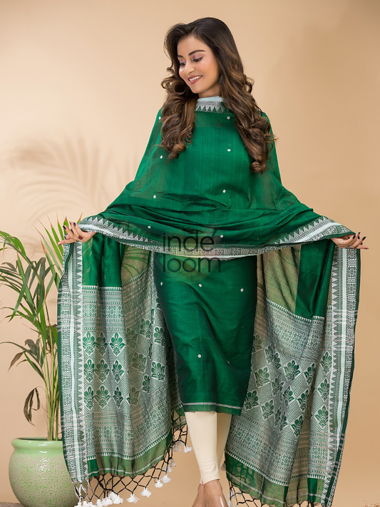 Handwoven Jamdani Muslin Cotton Unstitched 2-piece Kurti  |  Forest Green