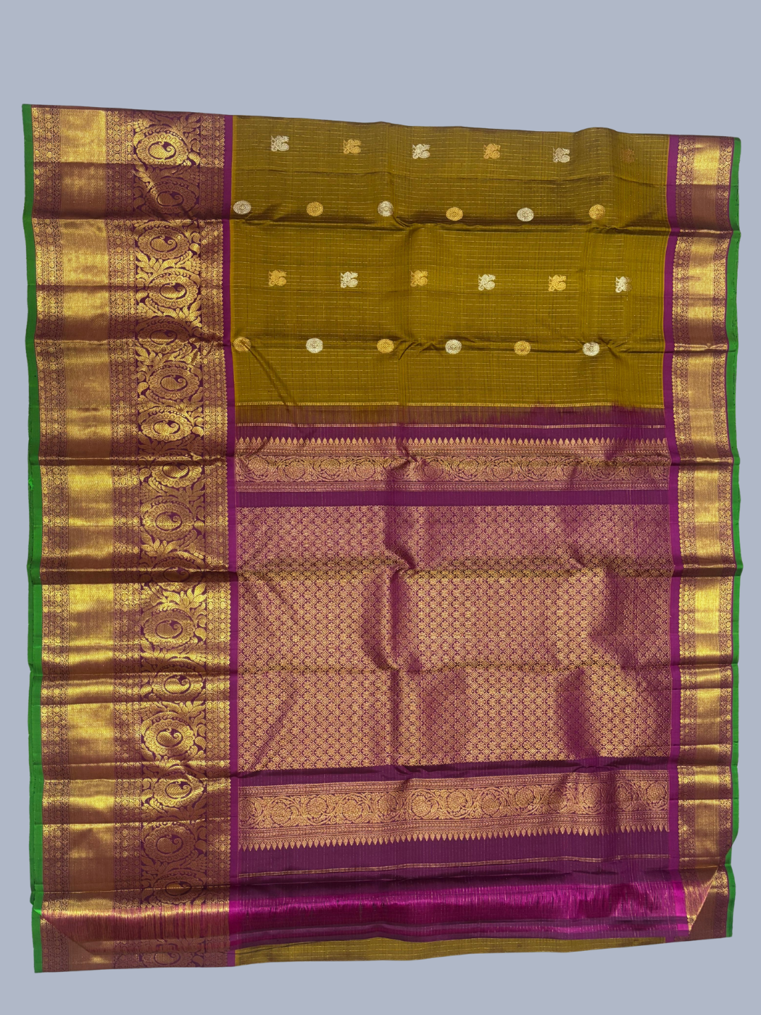 Pure Handwoven Gadwal Silk Saree With Olive Green -031
