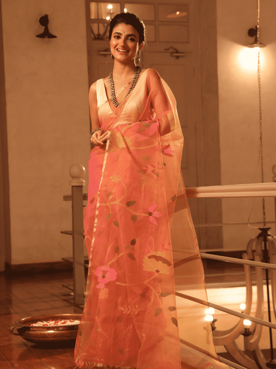 Neon Orange Hand Made Jamdani Saree -099