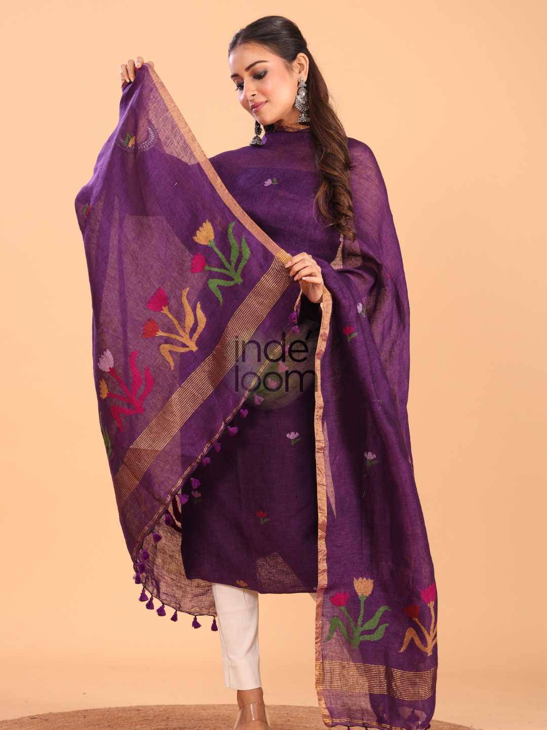 Grape Purple Linen Jamdani 2-Piece Set Kurti & Dupatta (UNSTITCHED) - 077