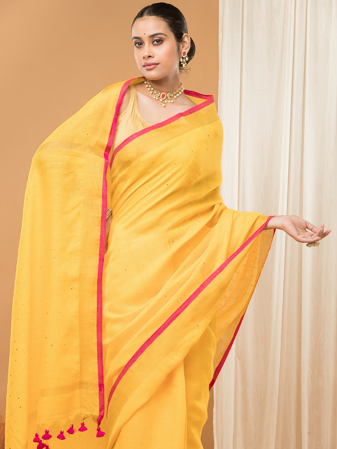 Linen Sequin Jamdani Saree With Mango Yellow - 001