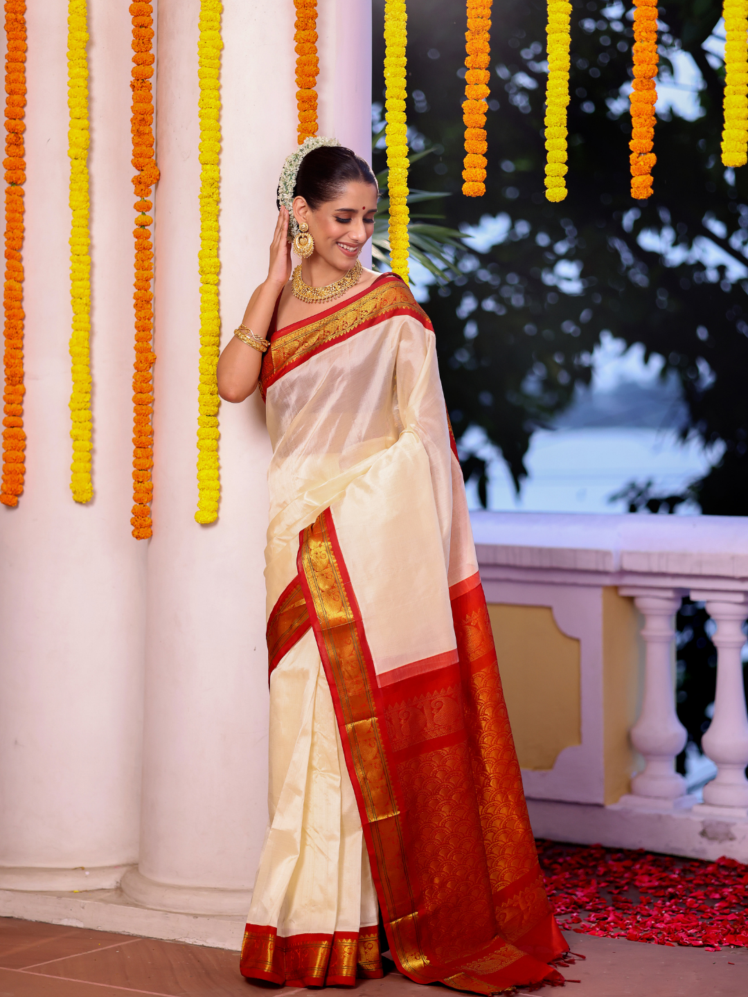 Pure Handloom Korvai Saree | Cream White and Red