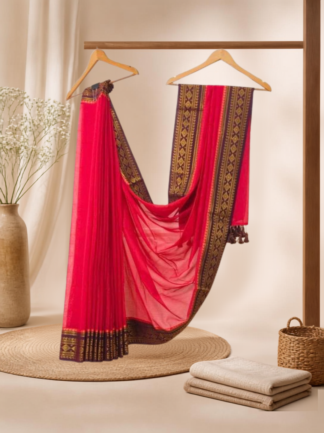Pure Handloom Mul Cotton Saree | Classic Red