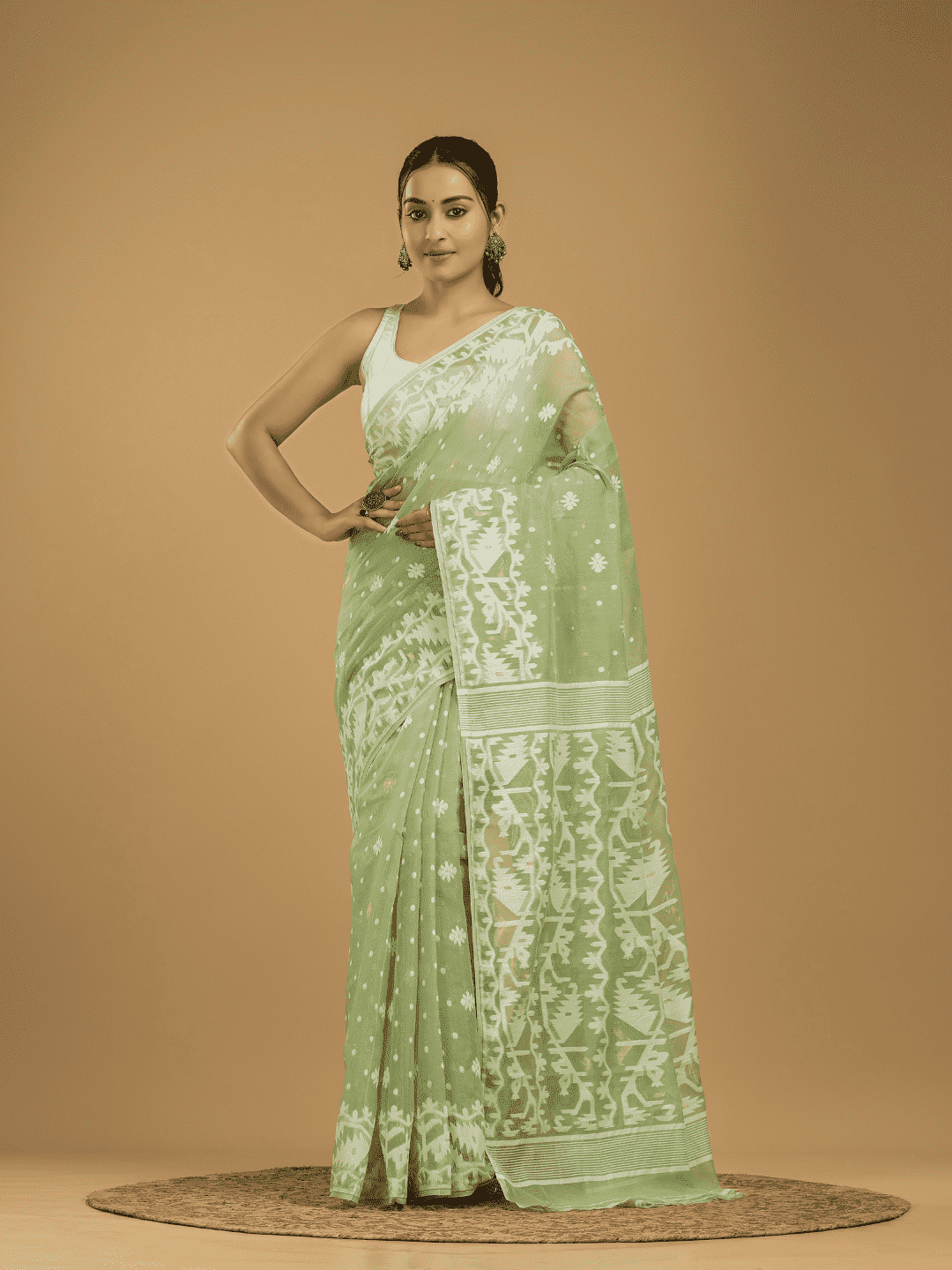Light Green Soft Silk Jamdani Saree - 008 - indeloom