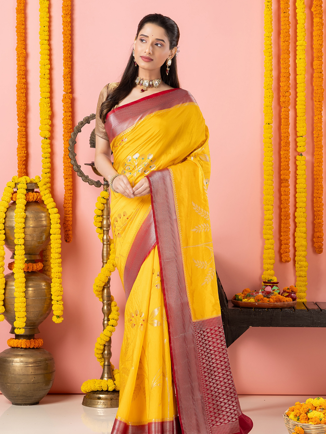 Classic Benarasi Semi Silk Saree | Mustard Yellow