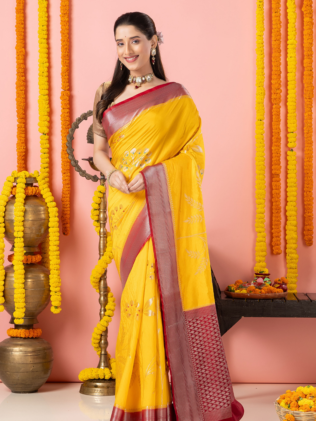Classic Benarasi Semi Silk Saree | Mustard Yellow