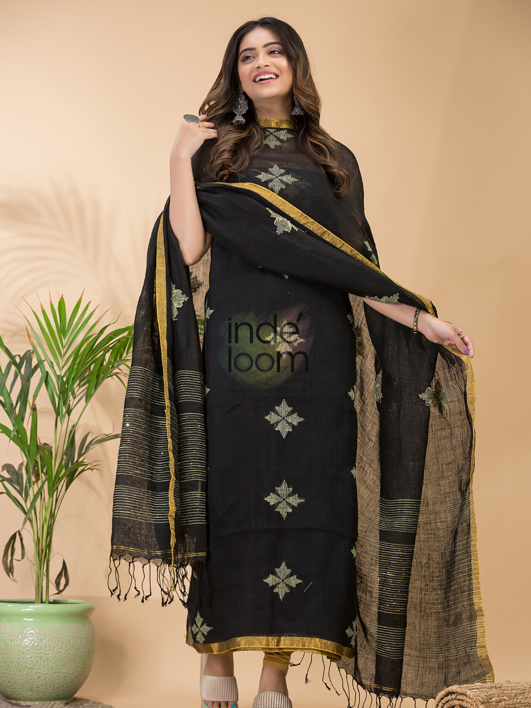 Coal Black Linen X Linen 2-Piece Set Kurti & Dupatta (UNSTITCHED) -091